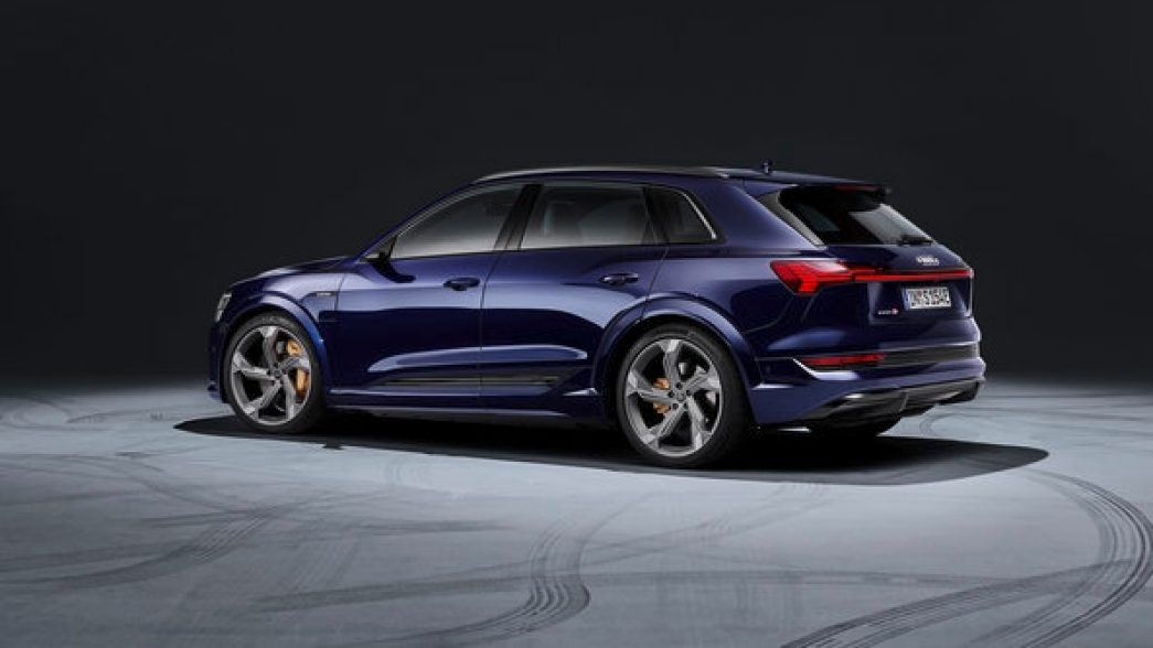Blue Audi e-tron S side and rear view