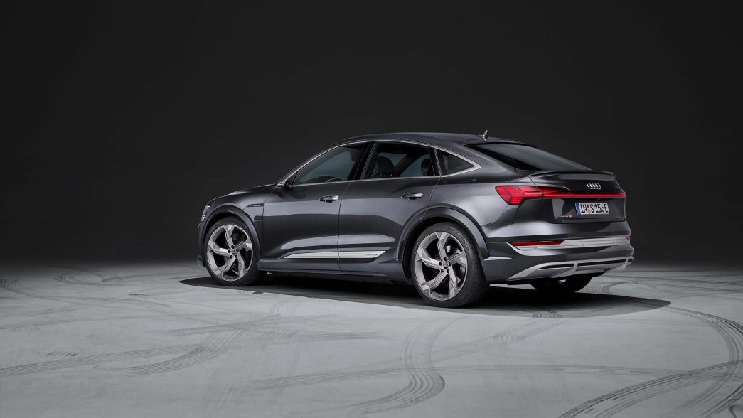 Black Audi e-tron S Sportback side and rear view