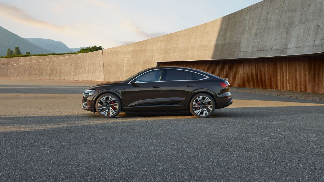 Black, parked Audi Q8 e-tron Sportback side view