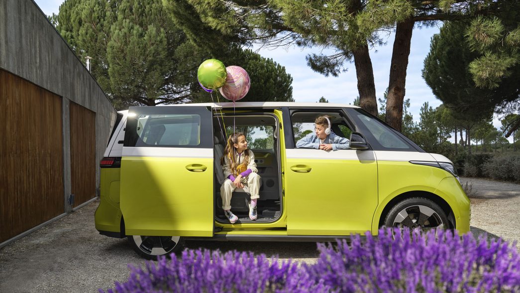 AMAG the VW ID. Buzz with two children sitting in it