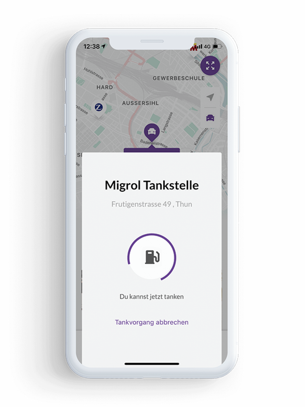 Smartphone Bildschirm mit autoSense Service: Bargeldlos tanken