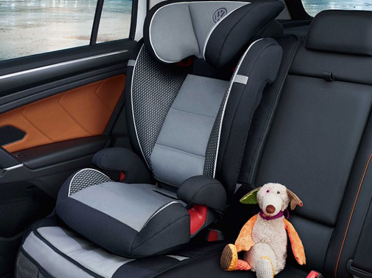 Child seat on the back seat with cuddly toy next to it
